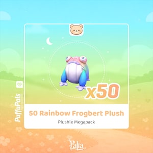 May include: A colorful plush frog with a rainbow design, blue feet, and a pink and blue head. The image includes the text "50 Rainbow Frogbert Plush" and "Plushie Megapack". The background is a gradient of green, blue, and orange.
