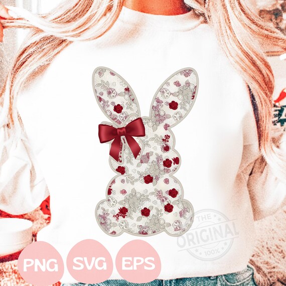Lace Bunny Coquette Bow PNG, Easter png, Lace Bow Bunny Png, Happy Easter Png,  Valentines day png, Valentine Svg, Faux Embroidery