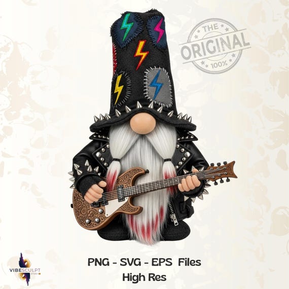 Rock Gnome PNG, Guitar Gnome Clipart, Cute Rocker Gnome, Music Lover PNG, Rock N Roll Graphic, Lightning Hat Gnome, POD Sublimation Design