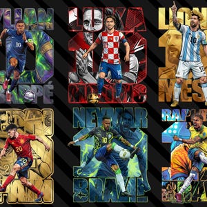 May include: Six colorful illustrations of soccer players in action, each with a name and number. The players are in their team uniforms, with vibrant backgrounds and bold text. The image includes Kylian Mbapp&eacute;, Luka Modrić, Lionel Messi, Pedri, Neymar, and Raphinha.