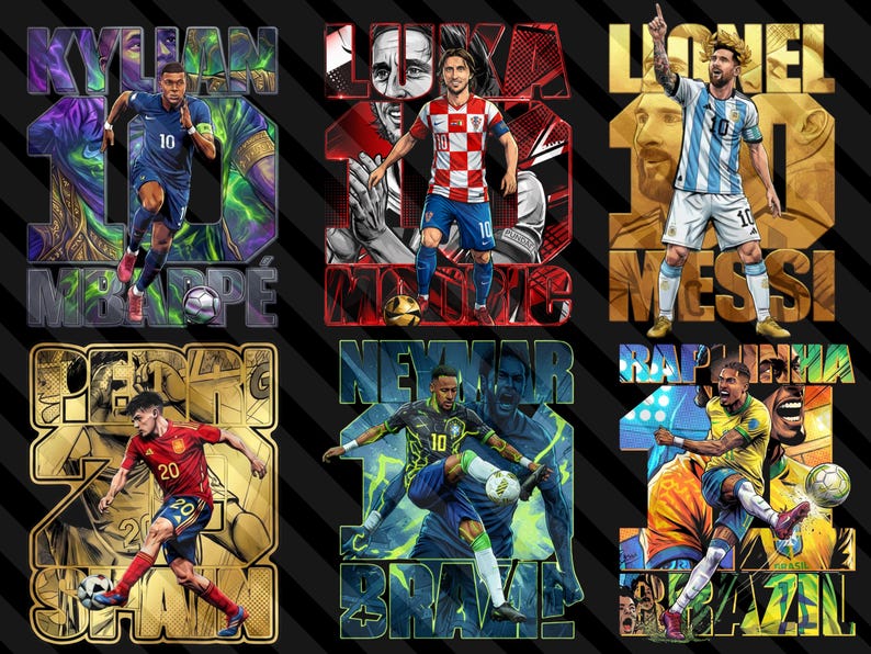 May include: Six colorful illustrations of soccer players in action, each with a name and number. The players are in their team uniforms, with vibrant backgrounds and bold text. The image includes Kylian Mbapp&eacute;, Luka Modrić, Lionel Messi, Pedri, Neymar, and Raphinha.