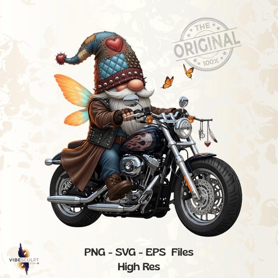 Epic Harley Gnome Ride PNG Design: Cut Butterfly Gnome, Sublimation (Digital Download)