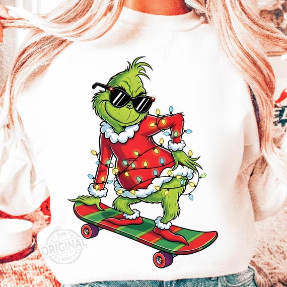 Cool Grinch Skateboarding PNG – Retro Christmas Grinch Clipart, Funny Grinchmas PNG, Green Christmas Character Art (Digital Download)