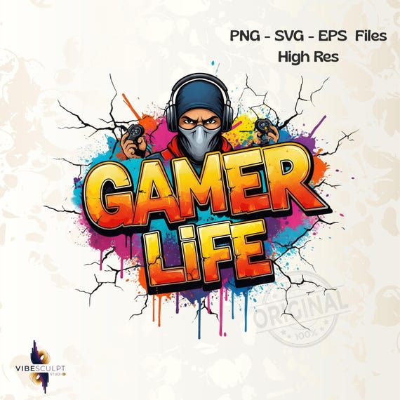 Gamer Life T Shirt Design PNG, Gaming Clipart, Neon Graffiti Gamer, Hooded Controller Art, Sublimation PNG Download