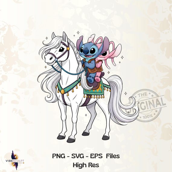 Cute Stitch Horse PNG, Stitch Fantasy Clipart, Kawaii Stitch Riding Horse PNG, Fairytale Cartoon Art for Shirt Mug