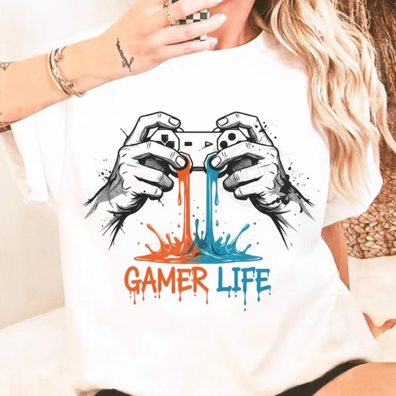 Gamer Life T-Shirt PNG, Graffiti Gamer Clipart, Hooded Player Controller Art, Gaming Shirt Sublimation Design
