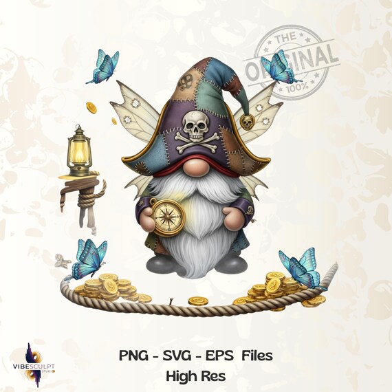 pirate gnome png, treasure gnome clipart, compass gnome design, pirate svg, cute gnome png, fantasy gnome art,  sublimation Design