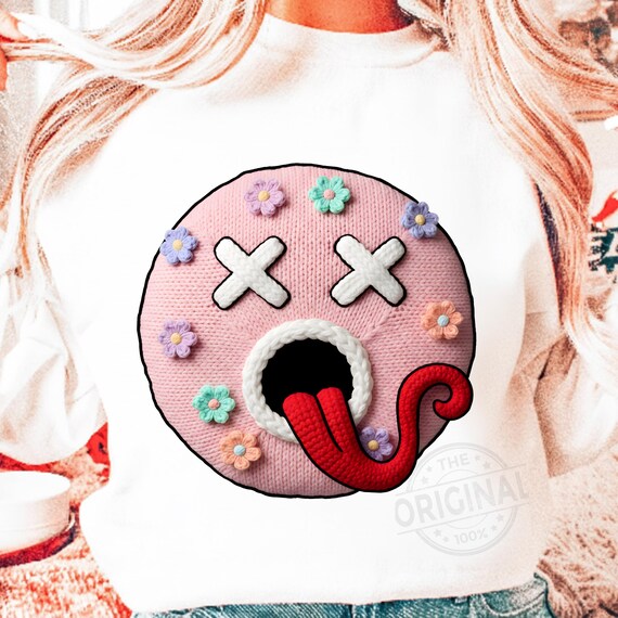 Funny Yarn Smiley Tongue PNG, Cute Floral Crochet Face, Kawaii Humor Design, Self Love Art, Mental Health PNG