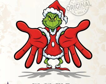 Weihnachten PNG, lustiger Cartoon Grinch mit übergroßen Händen, Grinch Shirt png, lustiger Grinch png, Frohe Weihnachten png