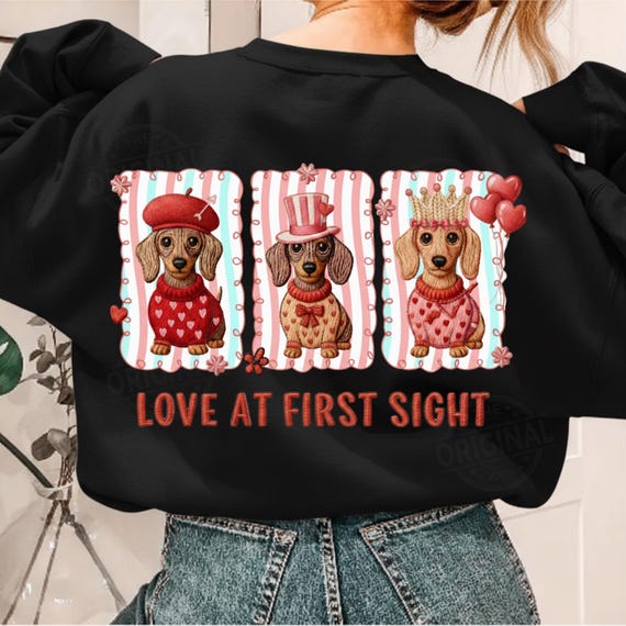 Faux Embroidery Dachshund Valentine PNG SVG Design for Retro Dog Mom Shirts, Preppy Coquette Puppy, Heart Love Png, Dog Lover PNG