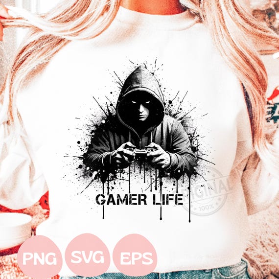 Gamer Life T-Shirt SVG PNG EPS, Neon Graffiti Gamer Clipart, Hooded Player Controller Art, Gaming Shirt Sublimation Design