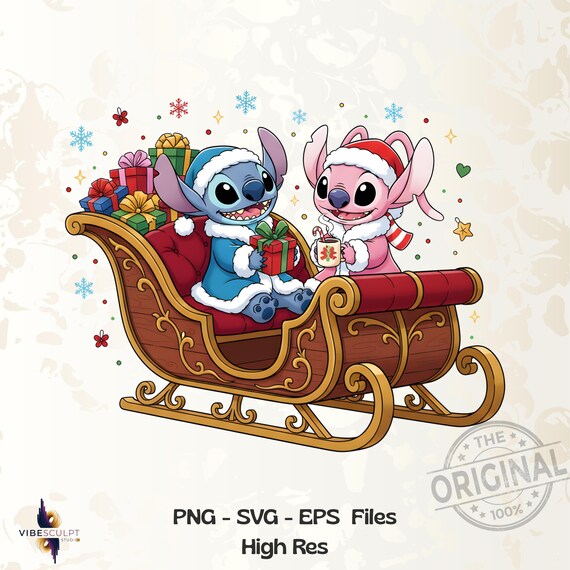 Cute Stitch Christmas PNG, Stitch Santa Sleigh Clipart, Kawaii Stitch Holiday PNG, Christmas Sleigh Stitch Design