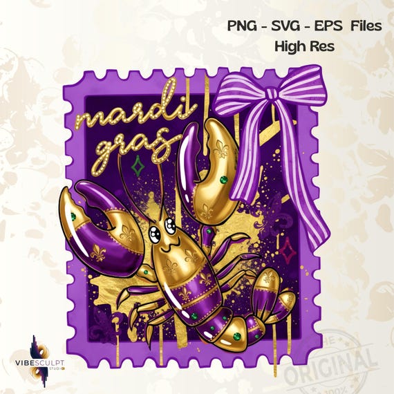 Mardi Gras Stamp PNG SVG, Preppy Coquette Bow Crawfish, Louisiana Carnival Design 2026