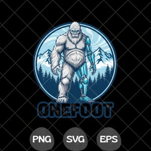 Puede incluir: Ilustración de un ser parecido a un Bigfoot blanco con un brazo y una pierna robóticos azules, dentro de un círculo azul con montañas y un bosque de fondo. El texto "ONEFOOT" está debajo, con iconos "PNG", "SVG" y "EPS".