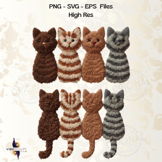 Latch Hook Yarn Crochet Cats Sublimation, Funny Cats Front and Back PNG, Gifts Pets Animals Cat, Realistic Cats Art Png, Retro Cats png
