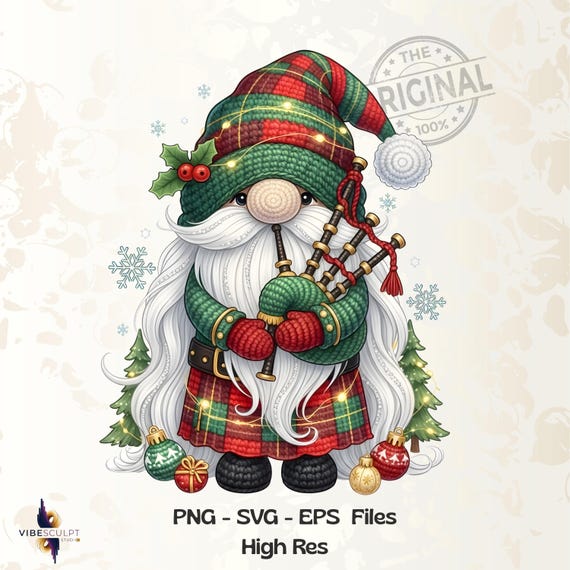 Scottish Christmas Gnome PNG, SVG, Highland Gnome Clipart, Cute Tartan Gnome, Crochet Yarn Gnomes PNG, Holiday Craft Design, Winter Clipart