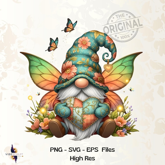 Enchanted Garden Gnome PNG Design: Floral Fantasy, Sublimation (Digital Download)