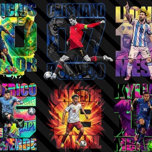 May include: Six colorful graphic designs featuring soccer players in action. Each design includes a player's name and number, set against vibrant backgrounds with dynamic poses and bold typography. The overall theme is sports and fan art.