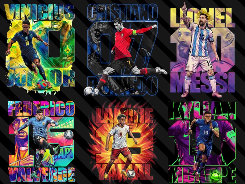 May include: Six colorful graphic designs featuring soccer players in action. Each design includes a player's name and number, set against vibrant backgrounds with dynamic poses and bold typography. The overall theme is sports and fan art.