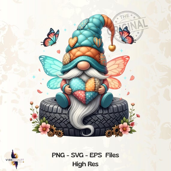 Cute Gnome on Tire PNG, Winter Gnomes PNG Design: Crystal Butterfly Gnome, Sublimation (Digital Download)