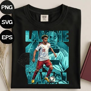 May include: Black t-shirt featuring a graphic of a soccer player in a white and red uniform, with the name "LAMINE YAMAL" in teal block letters. The player is depicted with a soccer ball at his feet. The shirt also has the number 19.