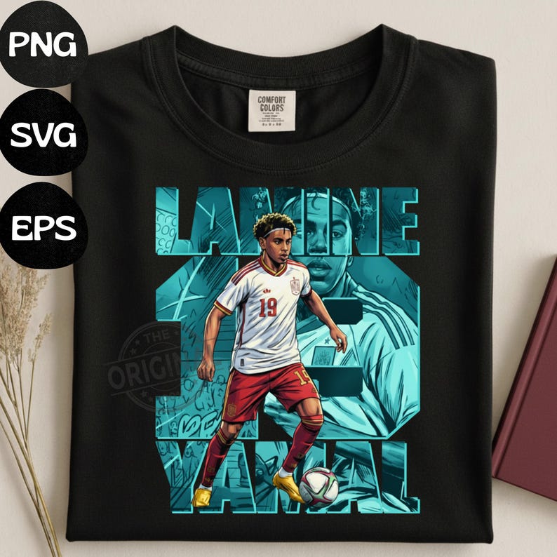 May include: Black t-shirt featuring a graphic of a soccer player in a white and red uniform, with the name "LAMINE YAMAL" in teal block letters. The player is depicted with a soccer ball at his feet. The shirt also has the number 19.