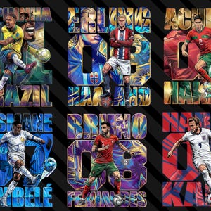 May include: Six digital art prints featuring soccer players in action. Each print showcases a player with their name and number, set against a vibrant, colorful background. The players are from Brazil, Norway, Morocco, France, Portugal, and England.
