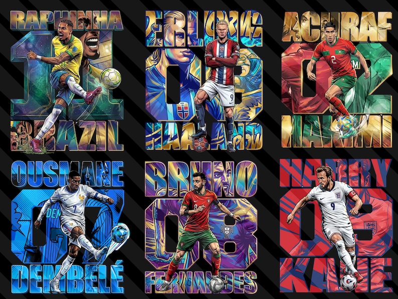 May include: Six digital art prints featuring soccer players in action. Each print showcases a player with their name and number, set against a vibrant, colorful background. The players are from Brazil, Norway, Morocco, France, Portugal, and England.