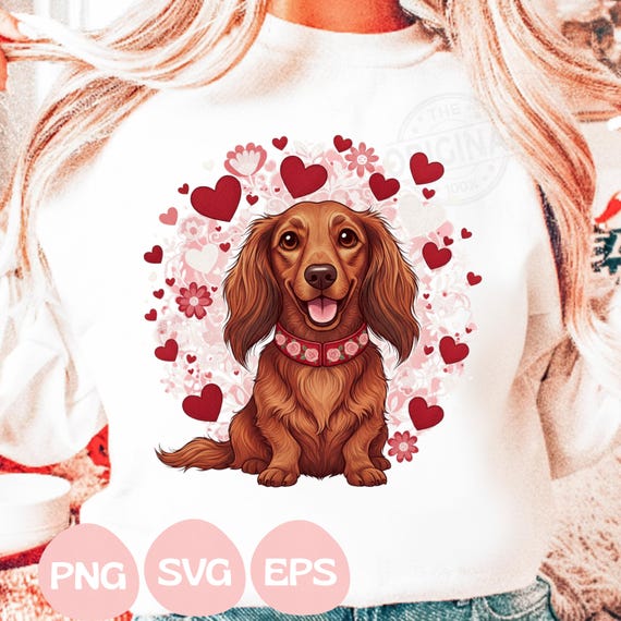 Dachshund Valentine PNG SVG Design for Retro Dog Mom Shirts, Preppy Coquette Puppy, Heart Love Png, Dog Lover PNG