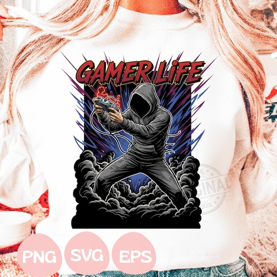 Gamer Life SVG PNG EPS, Neon Graffiti Gamer Clipart, Hooded Player Controller Art, Gaming Shirt Sublimation Design (Digital Download)