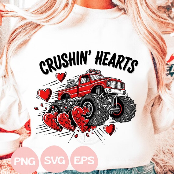 Boy Valentine Monster Truck PNG SVG, Crushin Hearts Toddler Design, Valentine png, Valentines day png, Valentine Svg, XOXO Love VDay