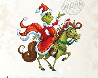 Eleganter Cartoon Grinch auf einem Pferd, eleganter Grinch, lustiger Grinch, lustiger Grinch, lustiger Grinch, lustige Weihnachten PNG