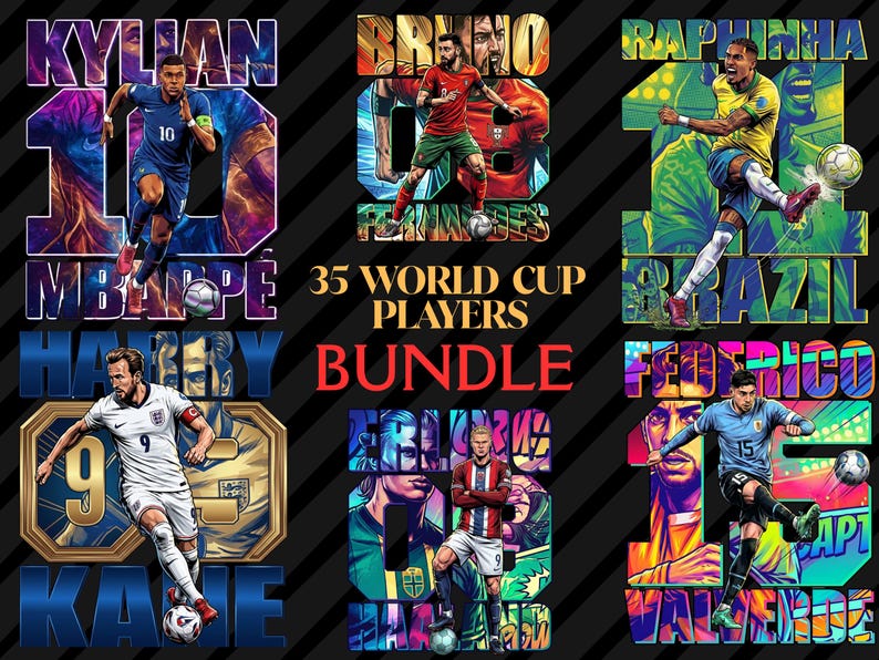 May include: A digital art bundle featuring six soccer players in action, each with their name and jersey number. The players are set against a colorful, abstract background. Text reads "35 World Cup Players Bundle."