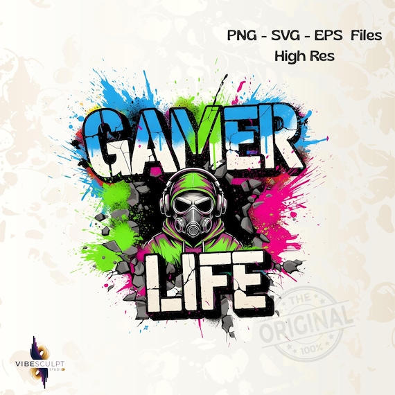 Gamer Life T Shirt PNG – Neon Graffiti Gamer Design, Hooded Player Controller Art, Gaming Sublimation, Digital Download