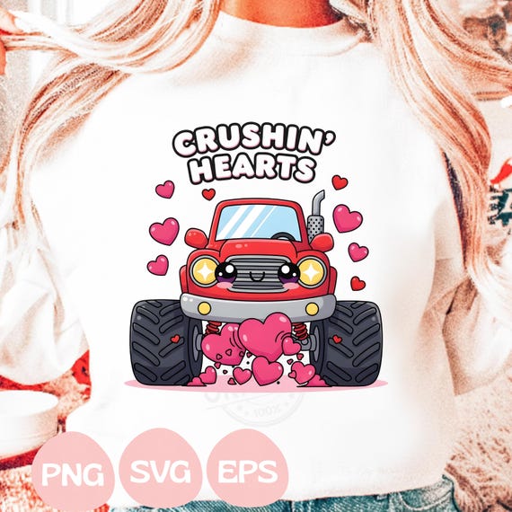 Girls Valentine Monster Truck PNG, Funny Girl Design, Crushin Hearts Png, Valentine Bow Png, Valentines day png, Valentine Svg