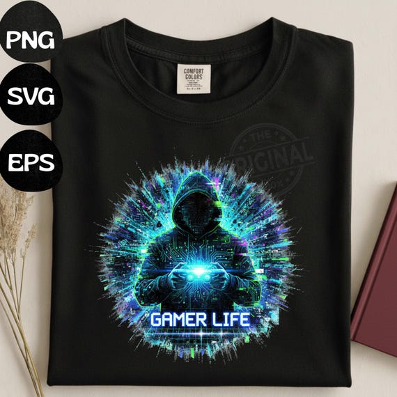 Gamer Life T-Shirt PNG SVG EPS, Neon Graffiti Gamer Clipart, Hooded Player Controller Art, Gaming Shirt Sublimation Design