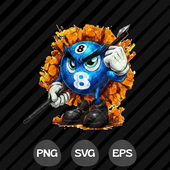 Angry 8 Ball PNG SVG Eps Pool Billiards Shirt Design, Eight Ball Warrior, Pool Player T-Shirt PNG, Cue Stick Cartoon Graphic