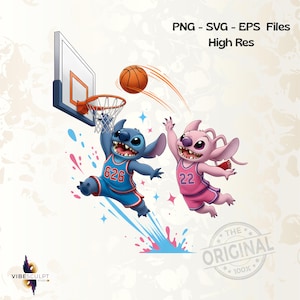 May include: Digital illustration of two cartoon characters playing basketball. One is blue wearing a jersey with "626", the other is pink with "22". A basketball is in mid-air, heading towards the hoop. The image includes the text "PNG - SVG - EPS Files High Res".