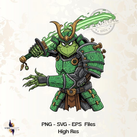 Cyber Samurai Grinch Art | Futuristic Christmas Warrior | T-Shirt & Sweatshirt Print Design