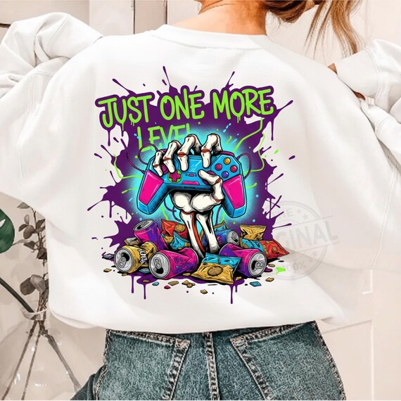 Just One More Level Gamer PNG SVG EPS, Funny Gaming Shirt Design, Controller Skeleton Art, Gamer Humor Gift Tee, Video Game Clipart