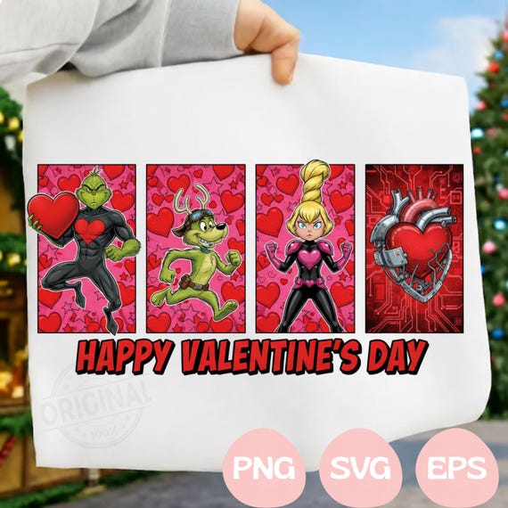 Happy Valentine's Day PNG SVG, Grinc Valentine Png, Heart Love Png, Valentine Bow Png, Retro Distressed Kids Sublimation File