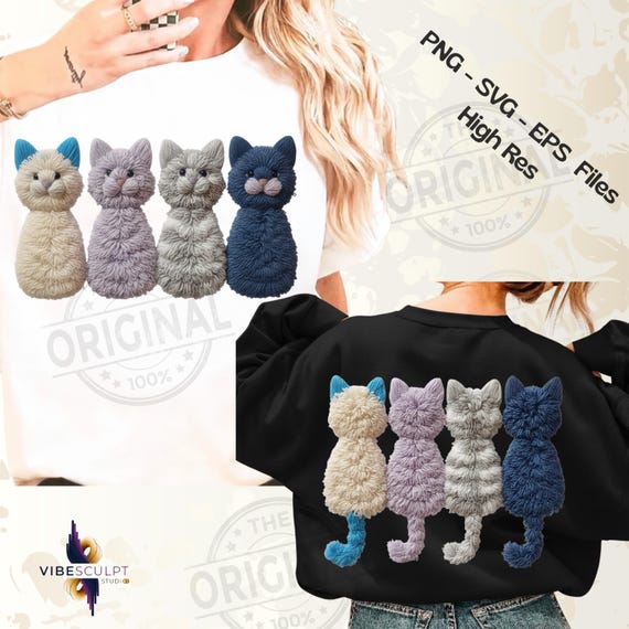 Funny Cats Front and Back PNG, Latch Hook Yarn Crochet Cats Sublimation, Gifts Pets Animals Cat, Realistic Cats Art Png, Retro Cats png