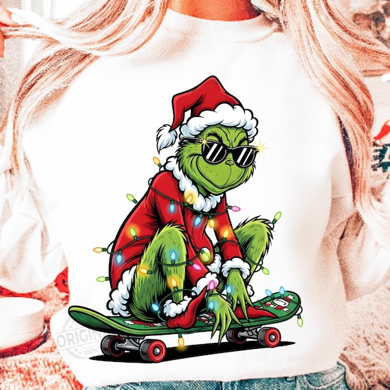 Cool Grinch Skateboarding PNG, Retro Christmas Grinch Clipart, Merry Grinchmas Skateboard Art, Grinch SVG, Grinch png, Christmas Movie png