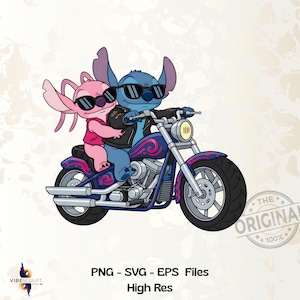 May include: A cartoon illustration of two characters, one blue and one pink, riding a motorcycle. The blue character wears a black leather jacket and sunglasses, while the pink character wears a pink shirt and sunglasses. The motorcycle is blue with pink accents. The image includes the text "PNG - SVG - EPS Files High Res".