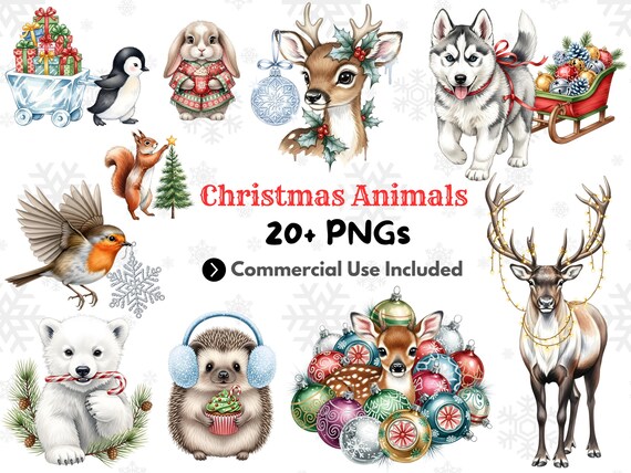 Christmas Woodland Animals Clipart: Festive Holiday Graphics (Digital Download -20 PNGs)