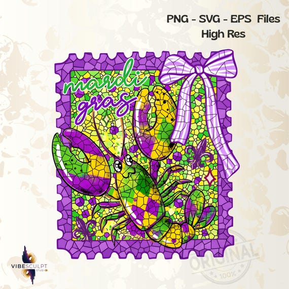 Mardi Gras Preppy Stamp PNG SVG with Bow and Crawfish, Louisiana Carnival Digital Design, Mardi Gras 2026