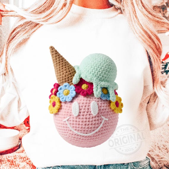 Faux Yarn Retro Smiley Ice Cream Face Floral Png, Self Worth Png, Motivational Png file, Self Love Png, Mental Health Matters Png