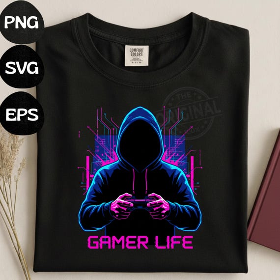 Neon Gamer Life Shirt Design PNG SVG EPS, Cyberpunk Gamer Clipart, Video Game Controller Illustration, Retro Neon Gaming Gift