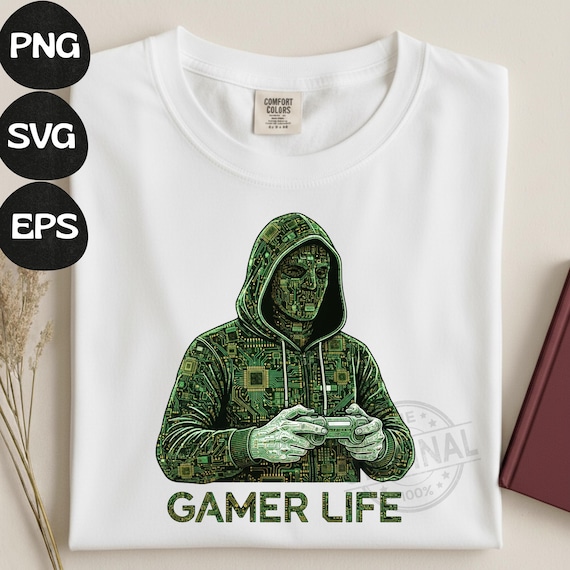 Gamer Life T-Shirt PNG SVG EPS, Graffiti Gamer Clipart, Hooded Player Controller Art, Gaming Shirt Sublimation Design