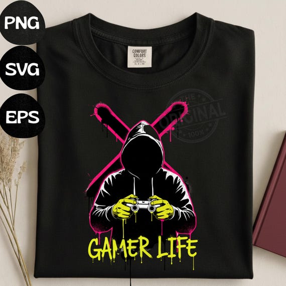 Gamer Life T-Shirt PNG, Neon Graffiti Gamer Clipart, Hooded Player Controller Art, Gaming Shirt Sublimation Design